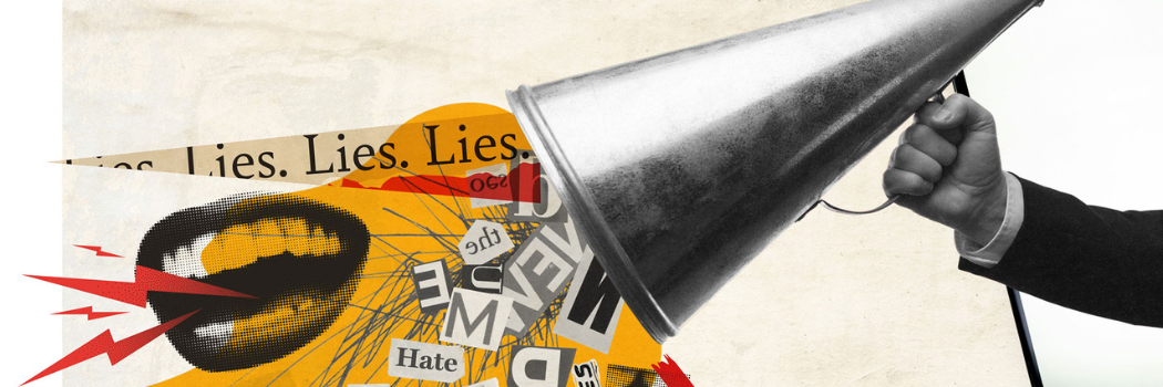 speaker phone with words coming out saying lies