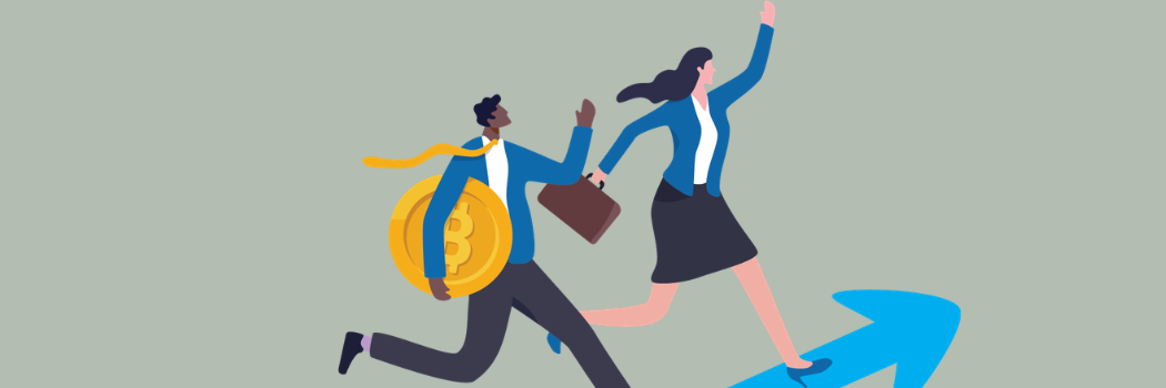 Cartoon of two business people running uphill holding a large gold coin