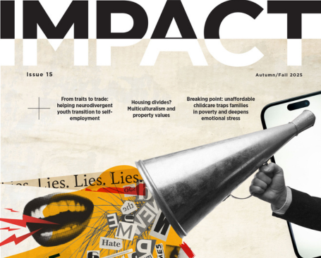 magazine cover of speaker with fake news coming out of it