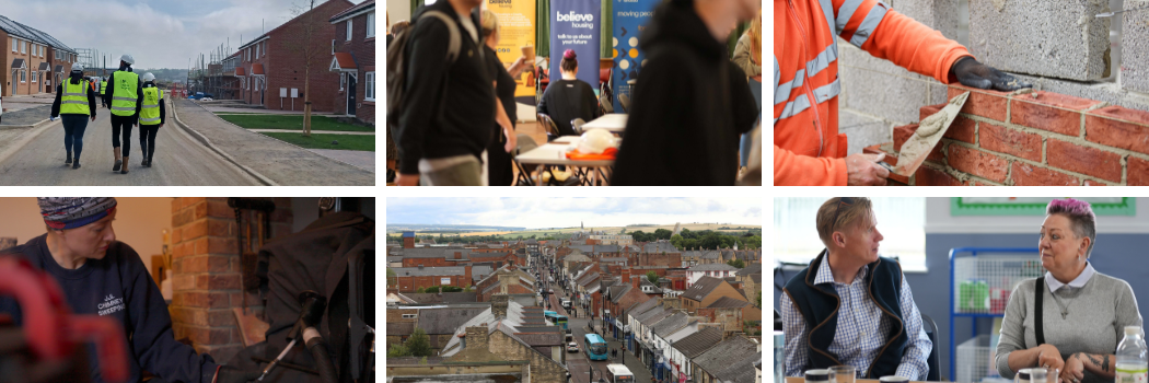 6 images showing employment, building sites and people in employment for believe housing and social science enterprise lab report