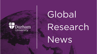 A graphic with a purple background and white text reading 'Global Research News'
