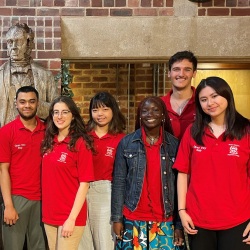 A group of freshers reps with George Stephenson statue