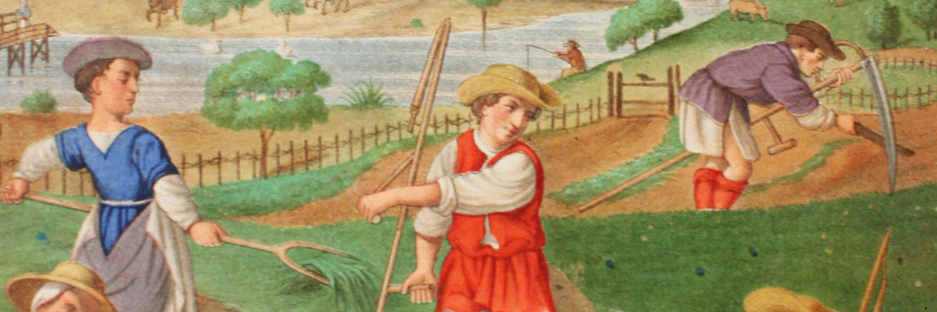 Section of an image from 1863 depicting men and women cutting grass in Medieval time. Taken from  the vintage book Les Evangiles, edited by Curmet, 1863, Paris