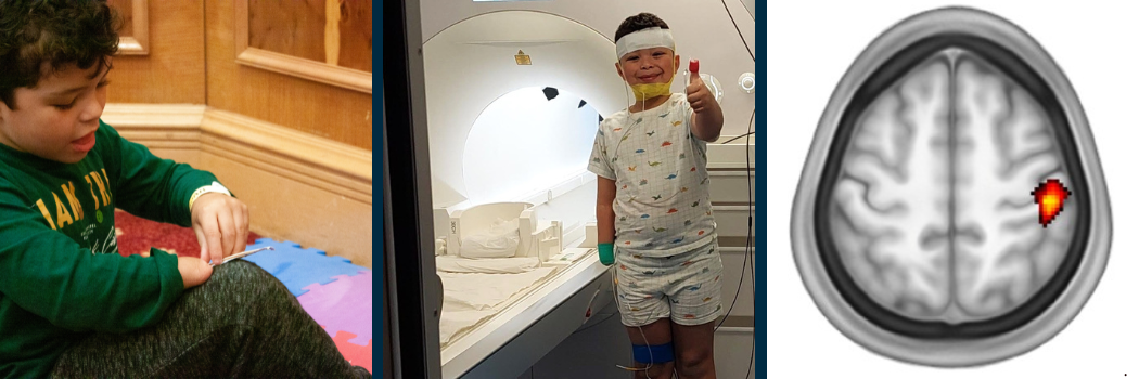 Images from the study, left hand side shows study participant Noah Lonnen undertaking a practical challenge, centre image shows study participant Noah Lonnen standing in front of a medical scanner, smiling and giving a thumb up to camera, during the research study, right hand image shows a brain scan from the study