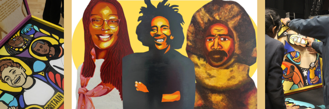 Vibrant artwork of two men and a woman smiling