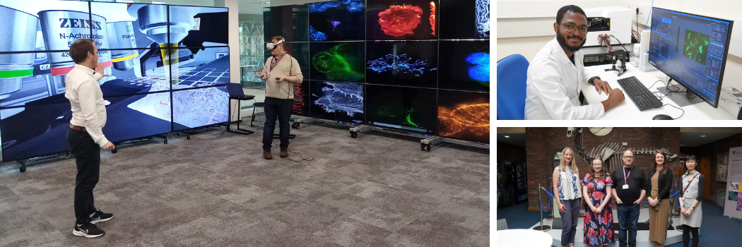 A collage of images from the biosciences department displaying their virtual reality setup
