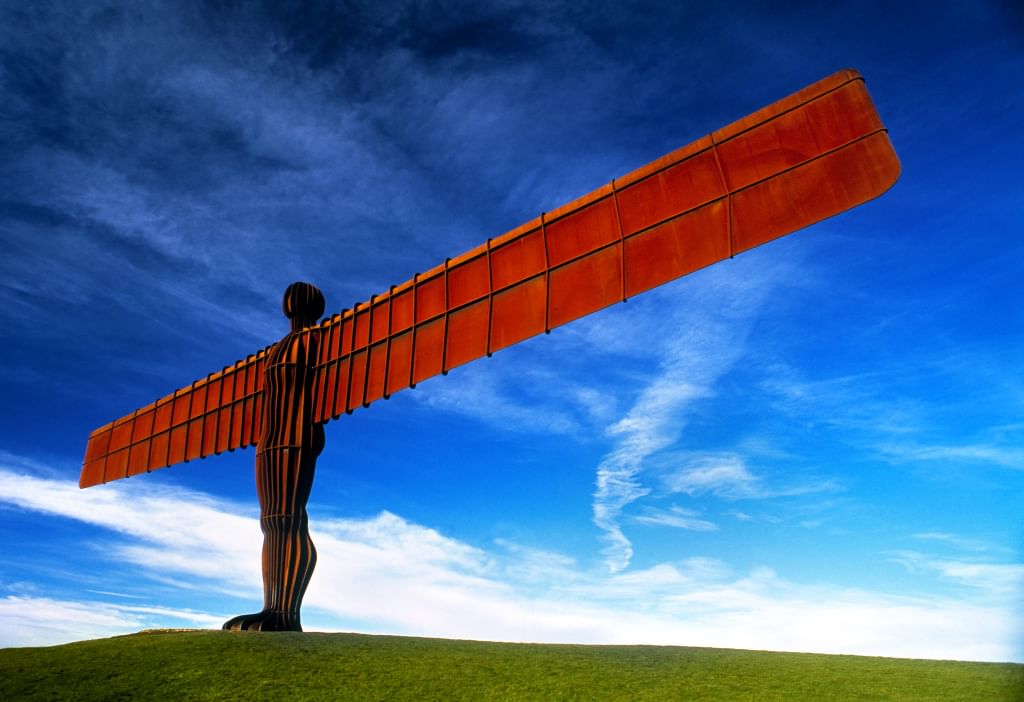 Angel of the North with a bright blue sky behind it. Photograph by Critical Tortoise Photography.