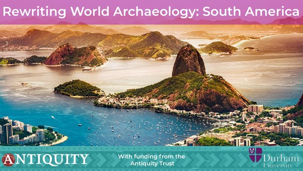 A banner for the Rewriting World Archaeology: South America project - An artistic impression of a costal city in South America.