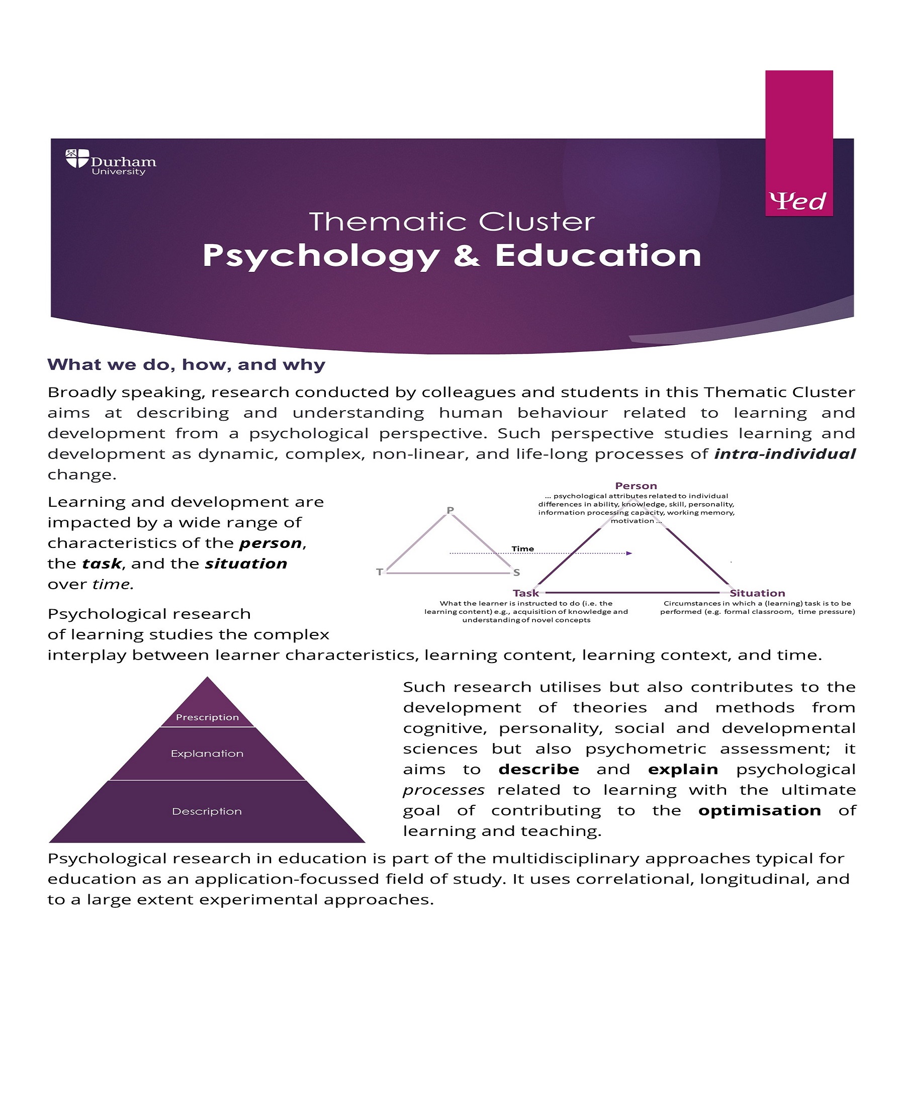 A poster explaining what the Psychology & Education cluster does, how and why.