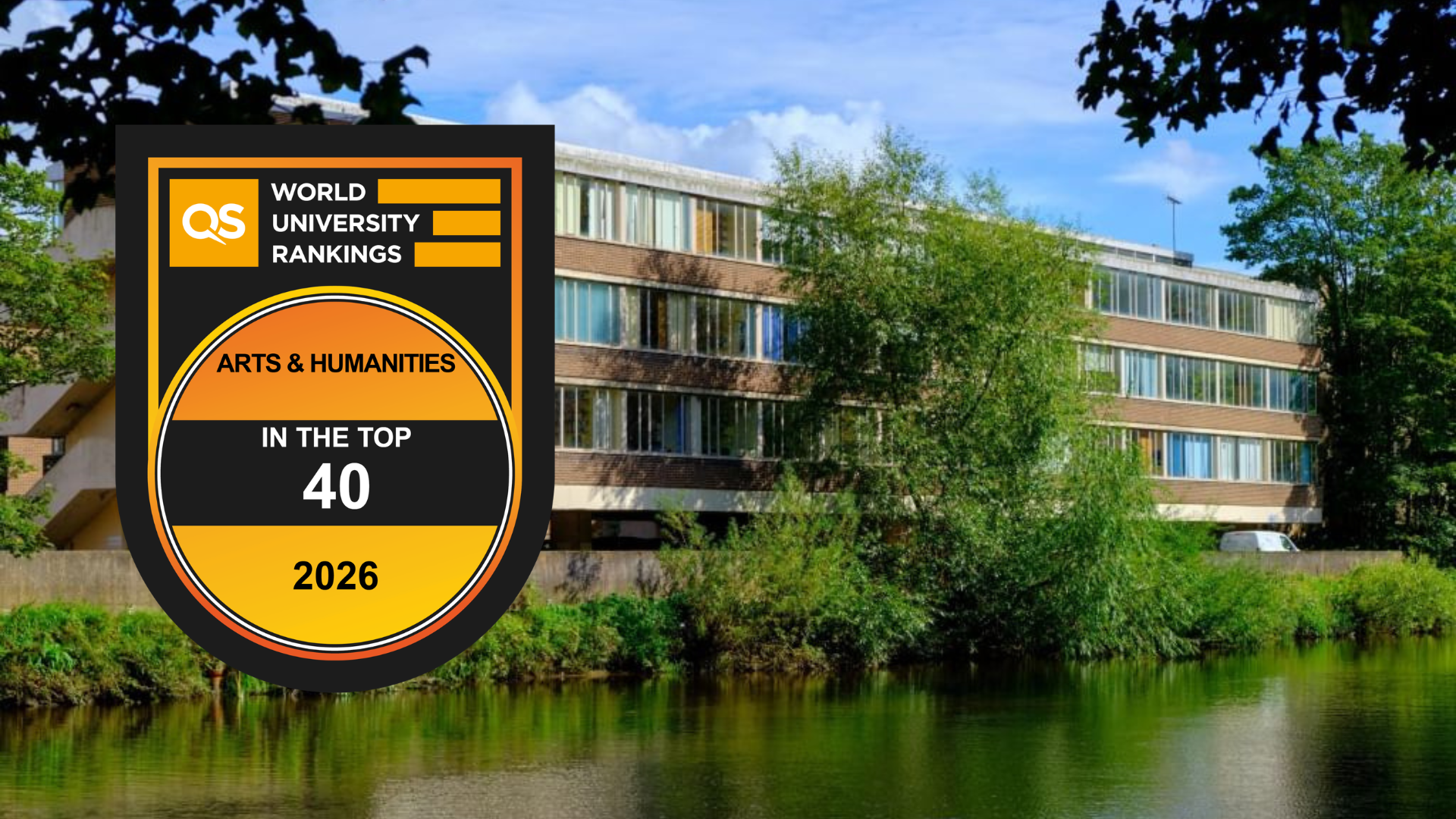 Elvet Riverside Faculty building with QS 2026 badge for Arts and Humanities