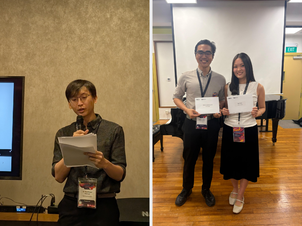 A collage of photographs, one showing a student speaking, the other showing two students holding a prize certificate