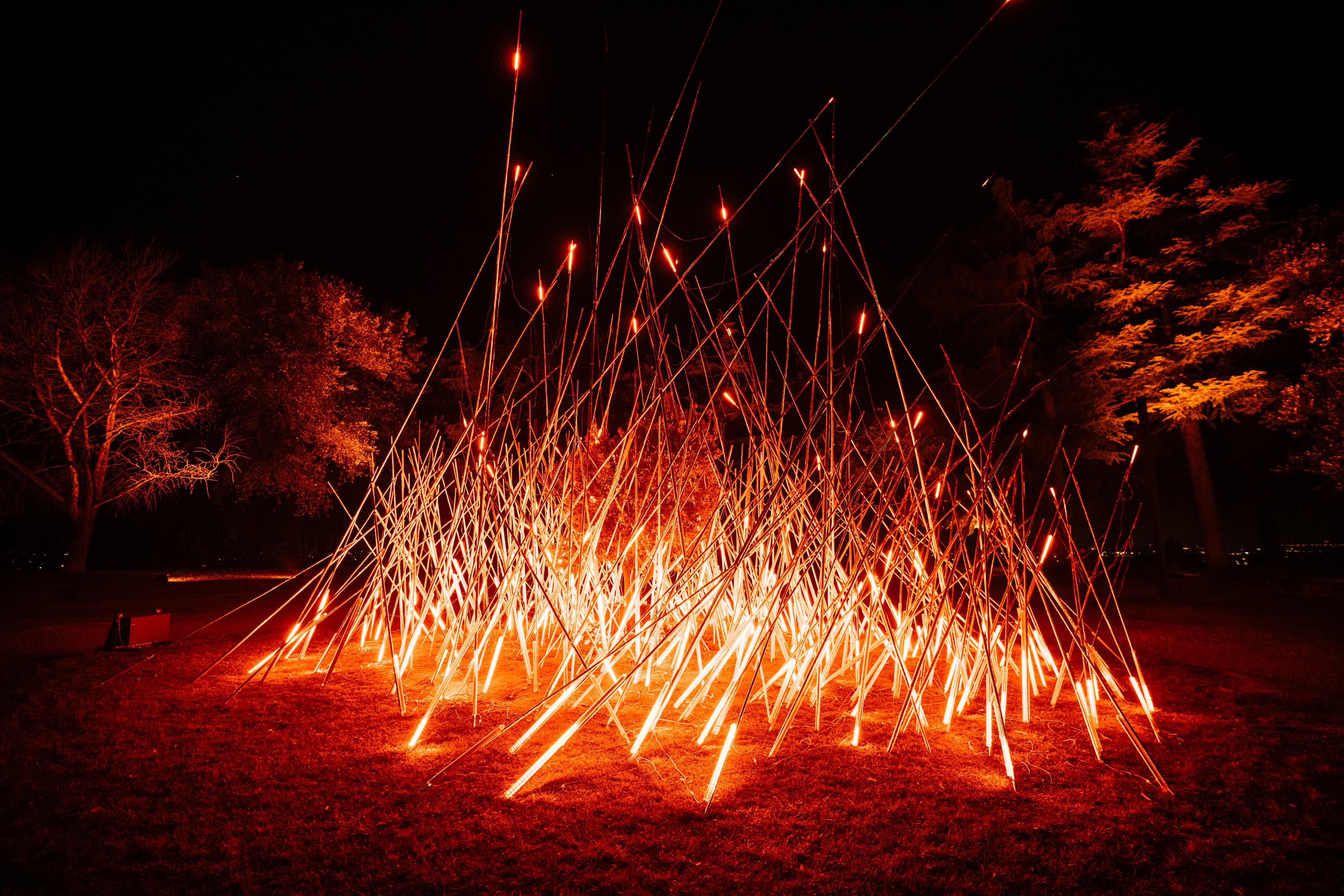 An artwork made up of long bamboo poles lit up red to give the impression of fire and energy, set in an open space at night-time.