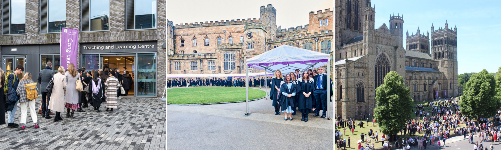 Image of Durham Cathedral, Graduands queuing in the Castle Courtyard and the Teaching and Learning Centre