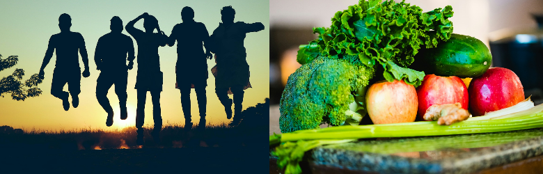 Two photos in a collage, one is a silhouette photo at sunset of people jumping holding hands, the other photo is of vegetables on a table