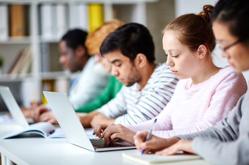 A group of students studying together on laptops