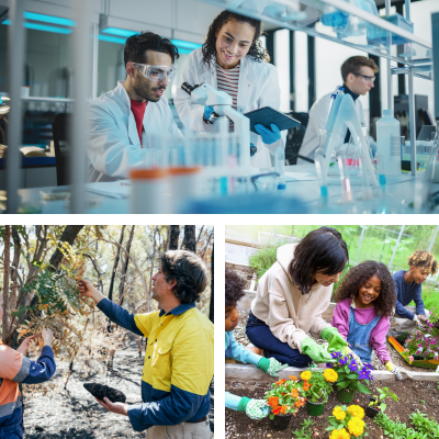 Scientists in labs and onsite, children and an adult in a community garden