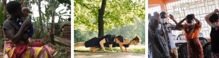 A mother and baby, a couple in a yoga pose outside and doctors applying face masks