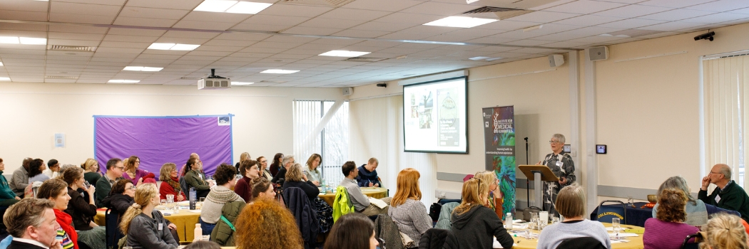 Audience attending a medical humanities talk in a conference room, with a speaker presenting at a podium and slides displayed on a screen.
