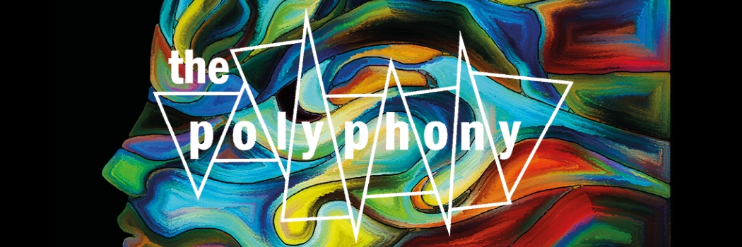 The Polyphony logo displayed over a colourful abstract background with layered flowing shapes in blue, green, yellow, and red.