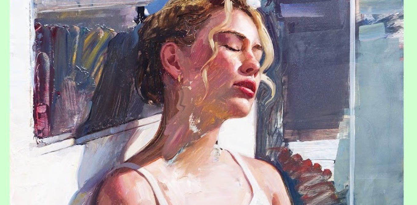 Cropped book cover image for 'Adelaide'. A painting of a young white woman with fair hair slumped against a wall with her eyes closed.