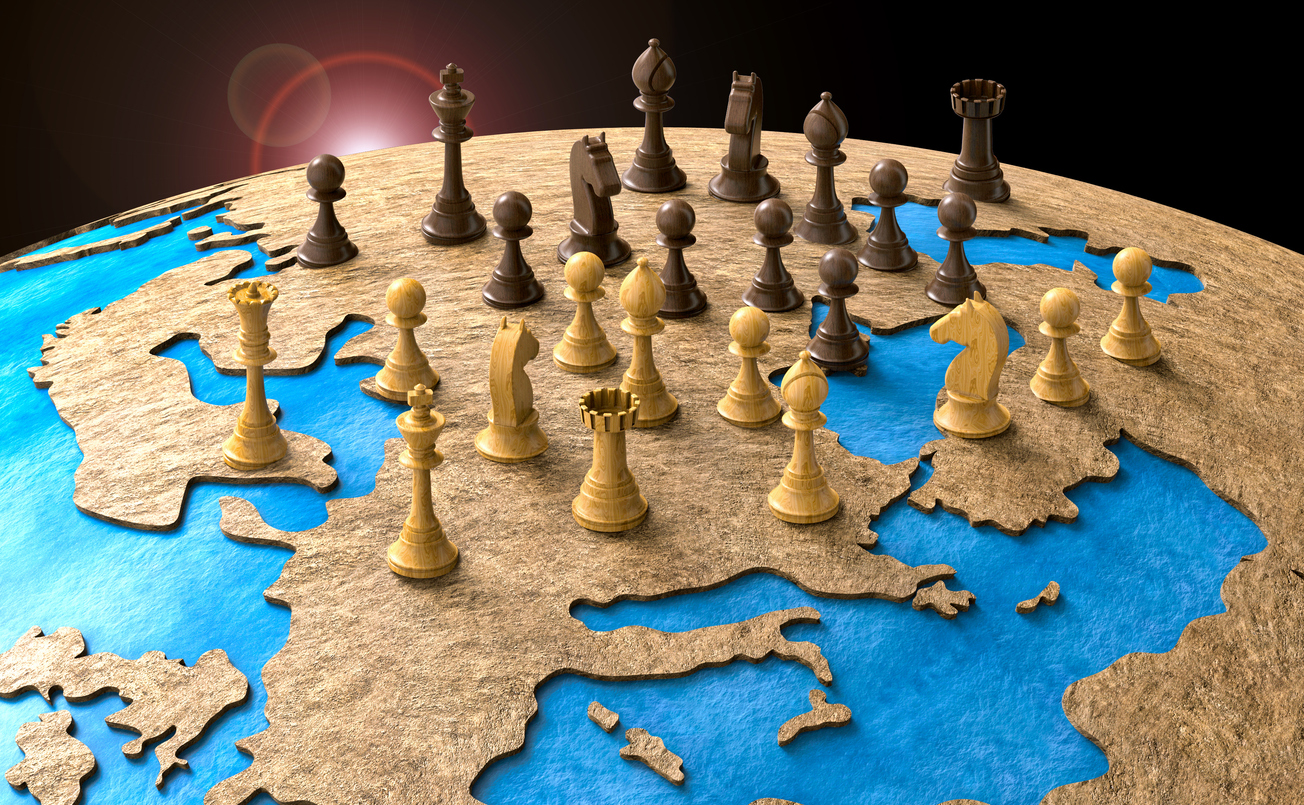 Symbol of geopolitics in the world with chess pieces. 3D illustration.
