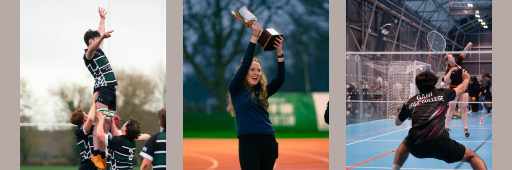 A trio of images showing rugby, a girl holding a trophy in the air, and badminton