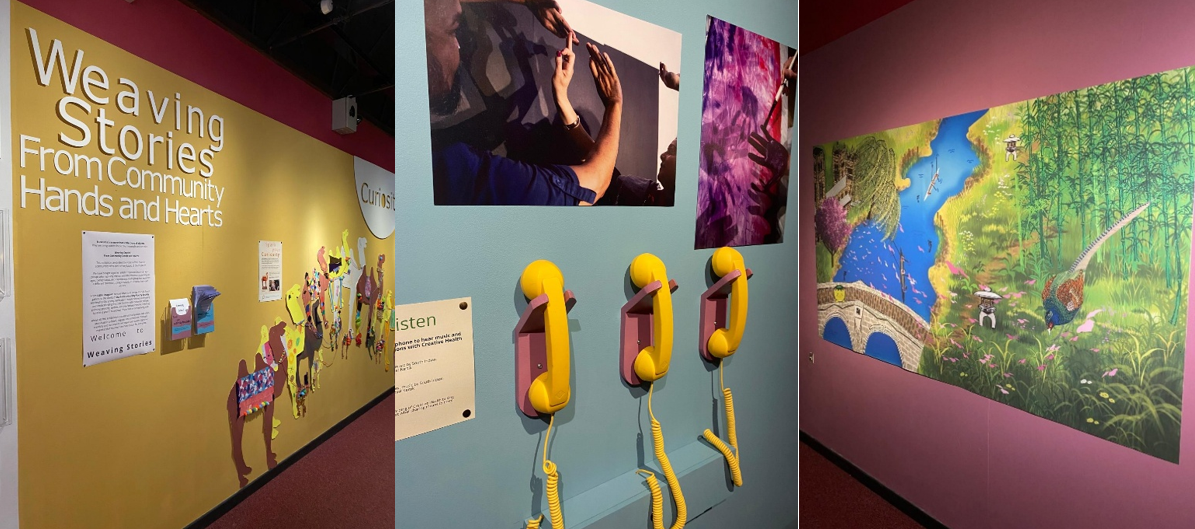 Weaving Stories exhibition images showing community artwork, interactive phones and mural