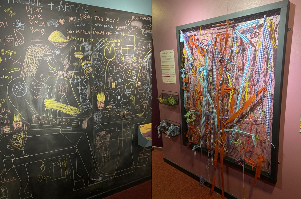 Two photos showing feedback collected on chalkboard and weaving wall