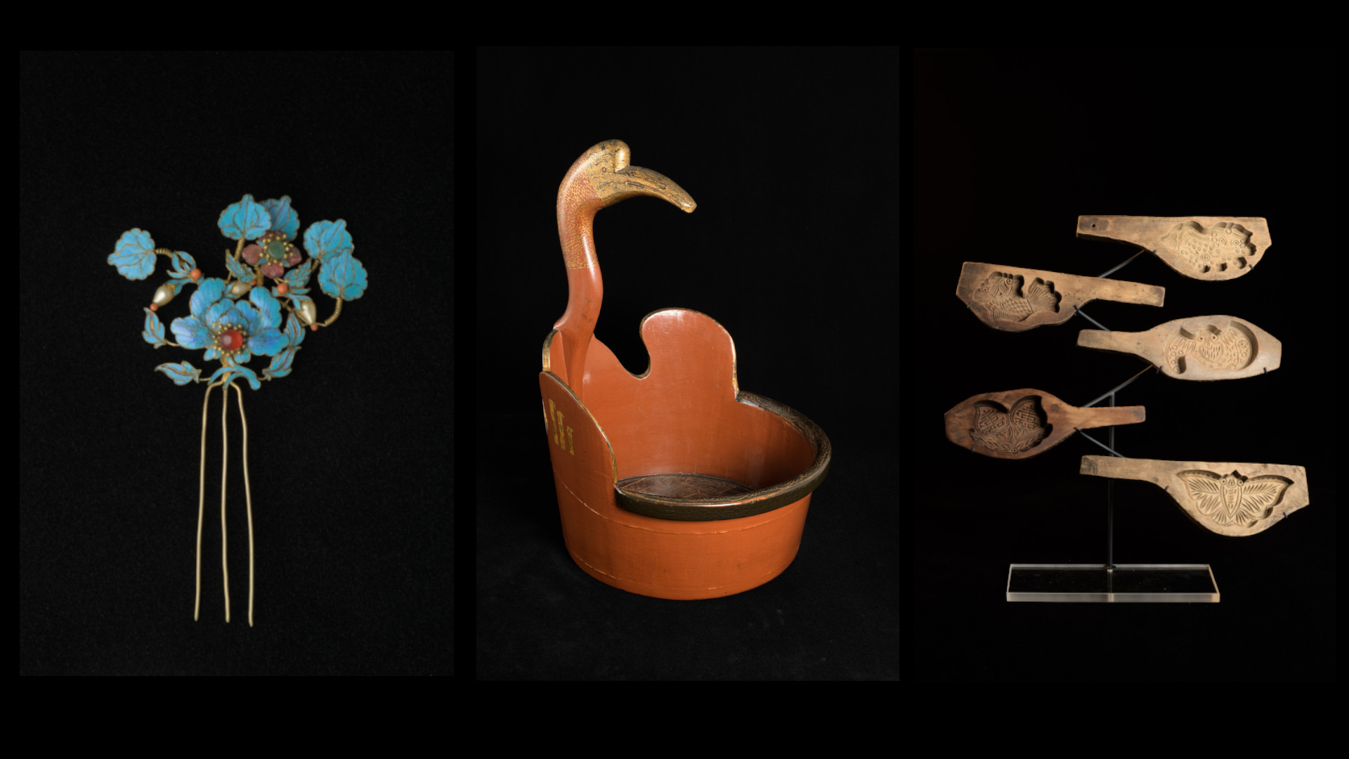 an elaborate hairpin with kingfisher feather decoration, a carved wooden bowl and a group of wooden cake moulds